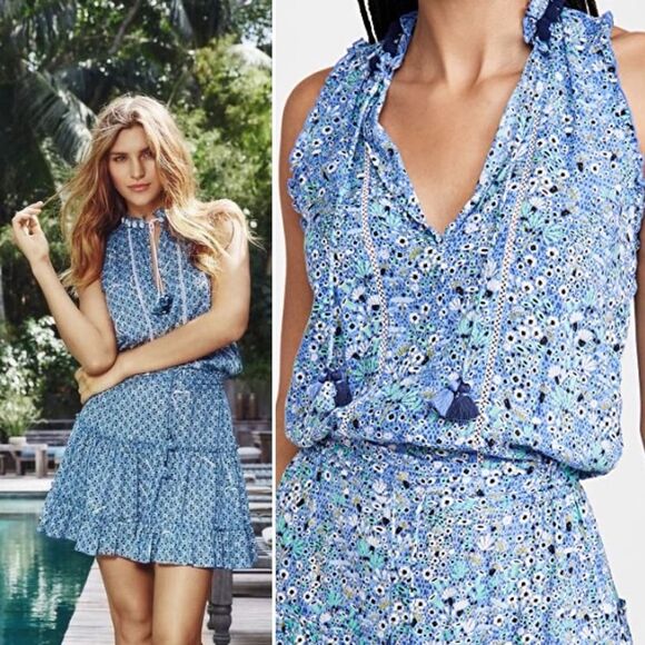 Poupette St Barth Clara Tiered Mini Dress in Blue Floral Malva Print, Size XS - Picture 1 of 13